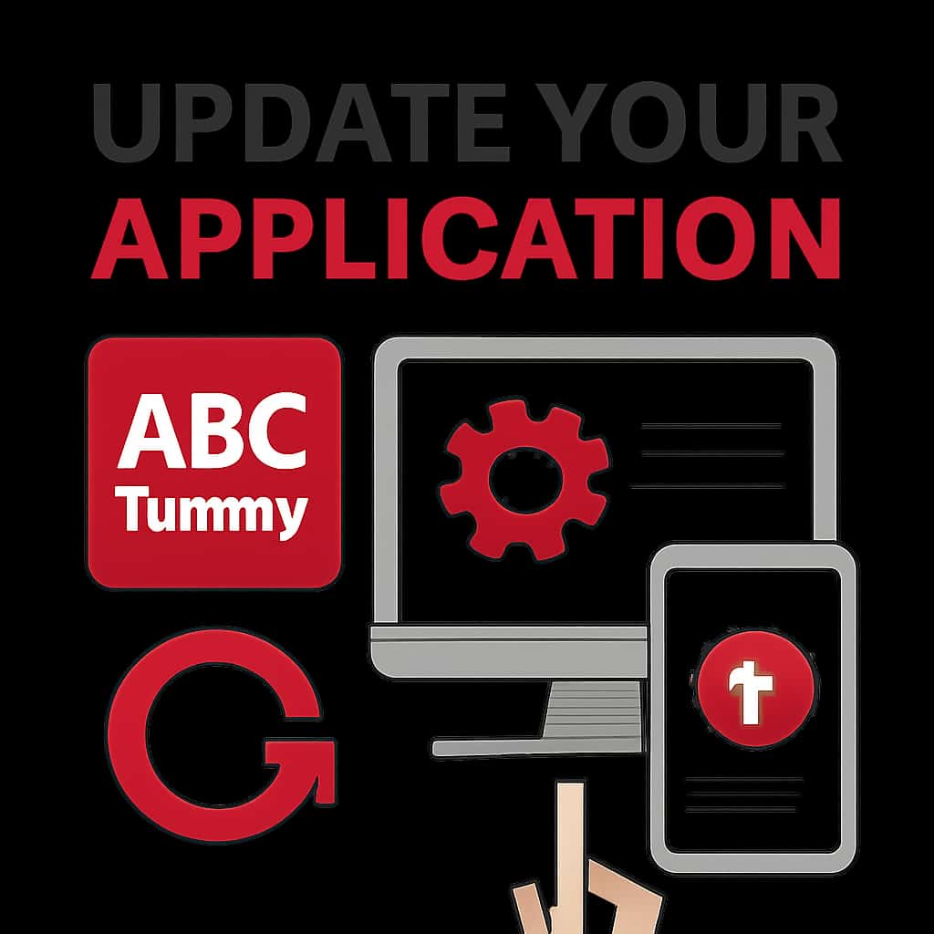 Illustration detailing steps involved in updating the ABC Rummy application.